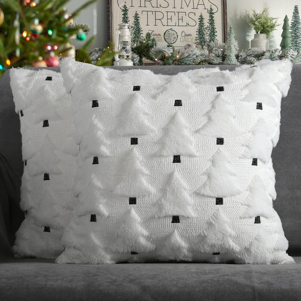 3817 Christmas Trees Decorative Pillow Covers 16x16 Set of 2, White Soft
